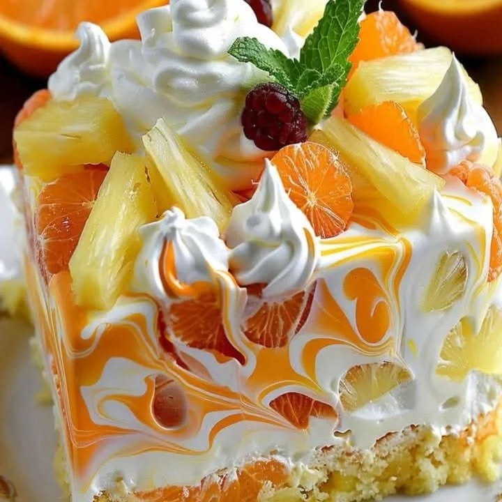 No-Bake Orange Pineapple Swirl Cheesecake topped with vibrant fruit swirls
