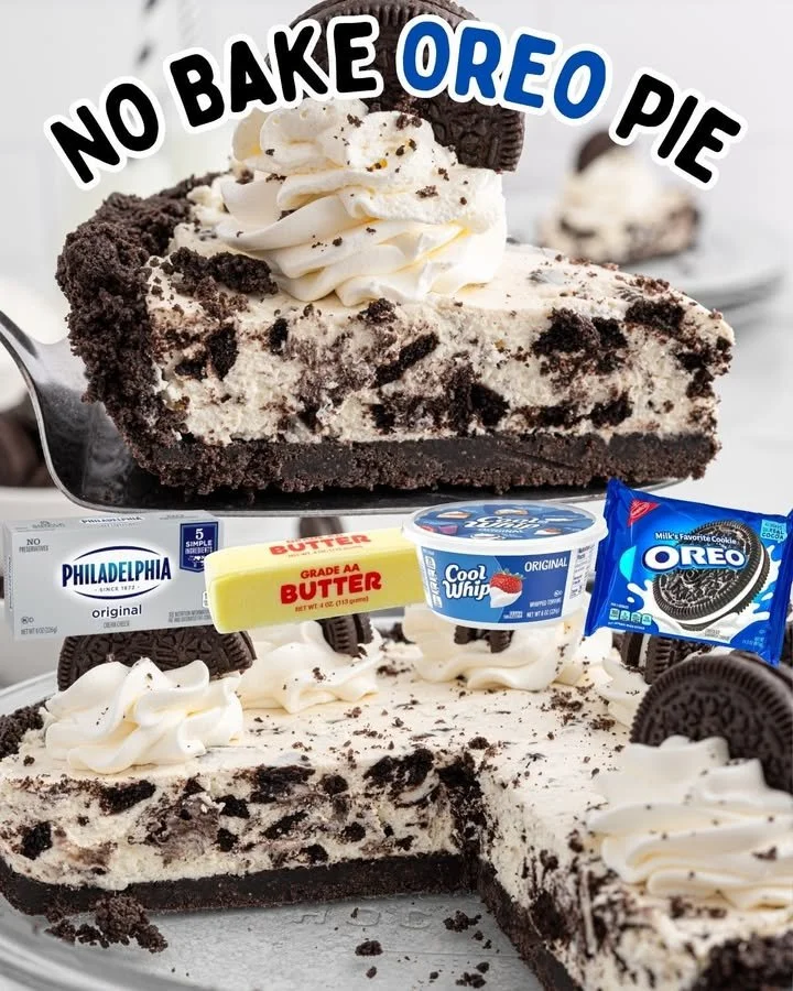 No Bake Oreo Cream Pie topped with whipped cream and Oreo crumbs