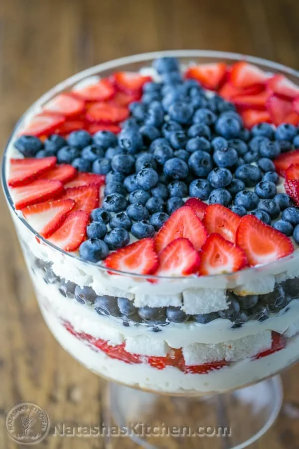 Delicious no-bake strawberry blueberry trifle served in a glass dish