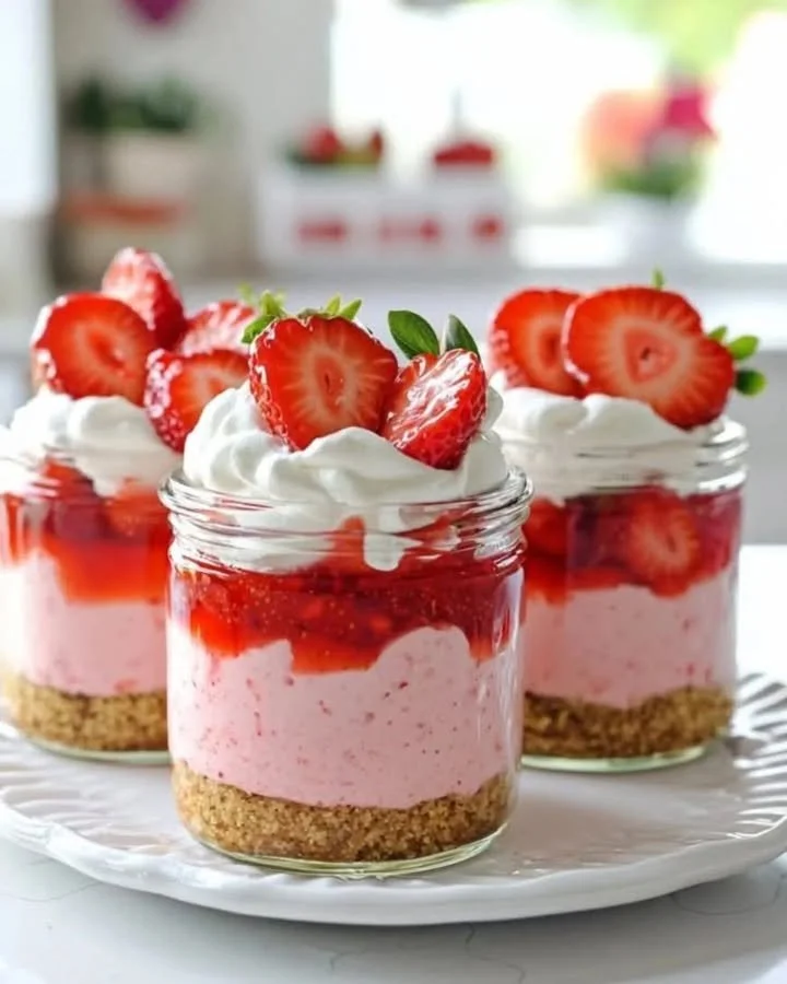 No-Bake Strawberry Cheesecake Jars with fresh strawberries and a graham cracker crust