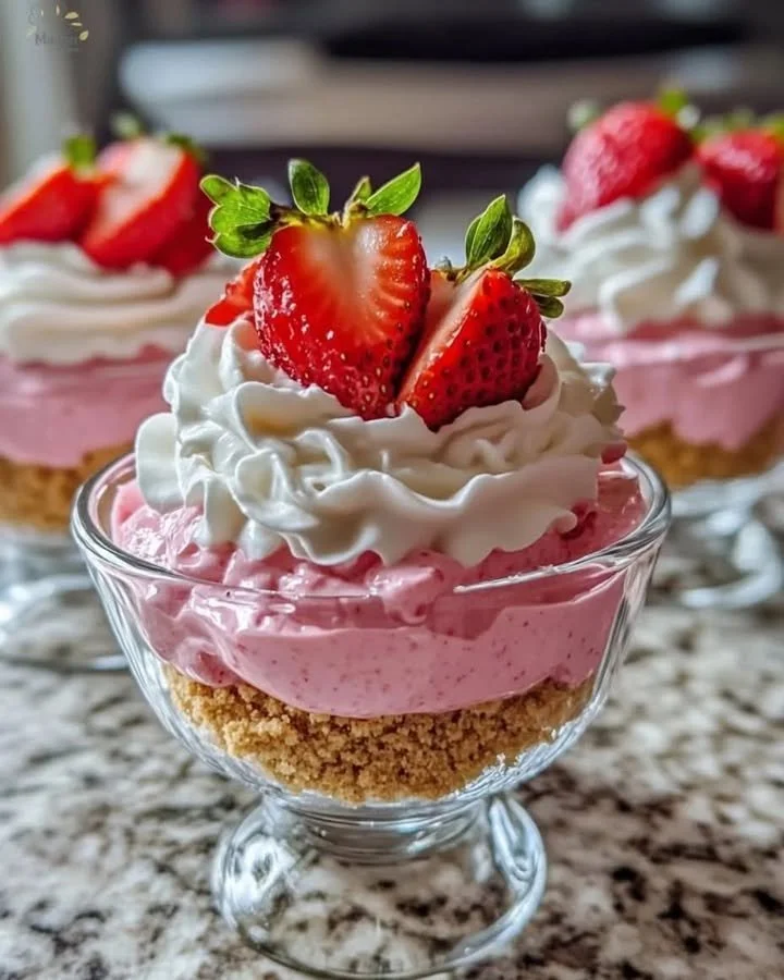 No-bake strawberry cheesecake mousse cups topped with fresh strawberries