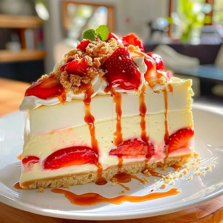Slice of no-bake strawberry cream cheese cake with caramel drizzle on a plate