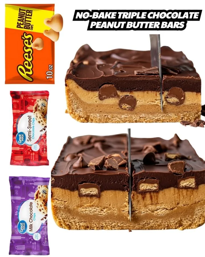 No-bake triple chocolate peanut butter bars with a rich chocolate coating