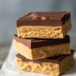 Delicious No-Bake Triple Chocolate Peanut Butter Bars stacked on a plate.