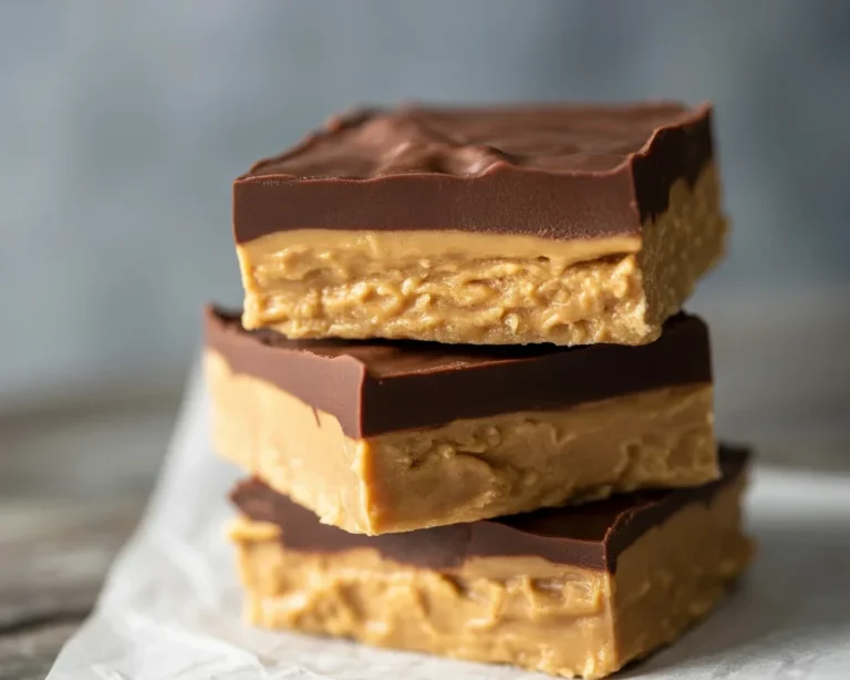 Delicious No-Bake Triple Chocolate Peanut Butter Bars stacked on a plate.