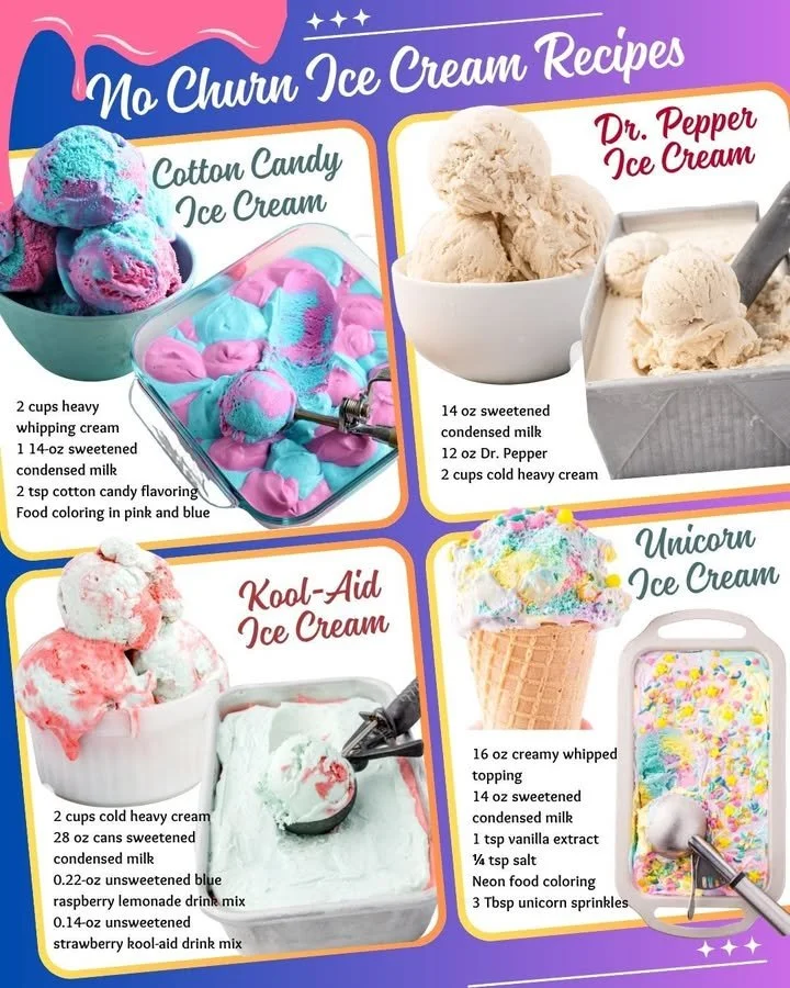 Variety of no-churn ice cream in bowls with toppings