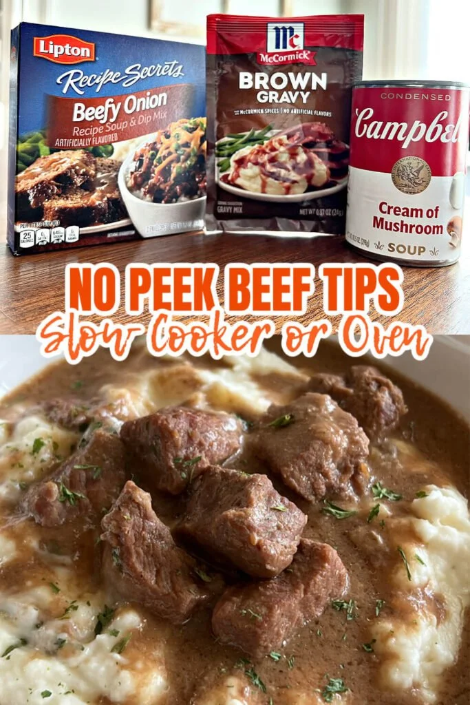 Delicious No Peek Beef Tips served with vegetables in a bowl