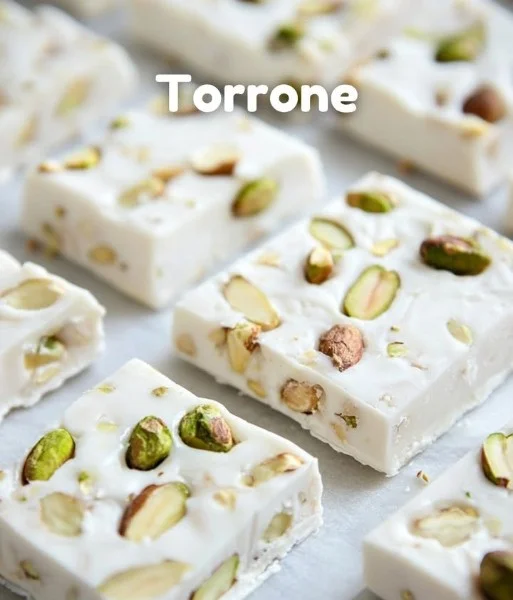 Traditional Italian nougat torrone made with nuts and honey