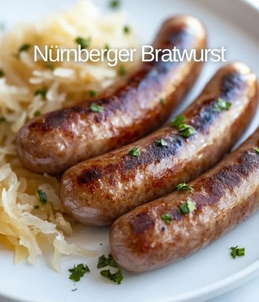 Delicious Nuremberg sausages served on a plate with mustard and bread
