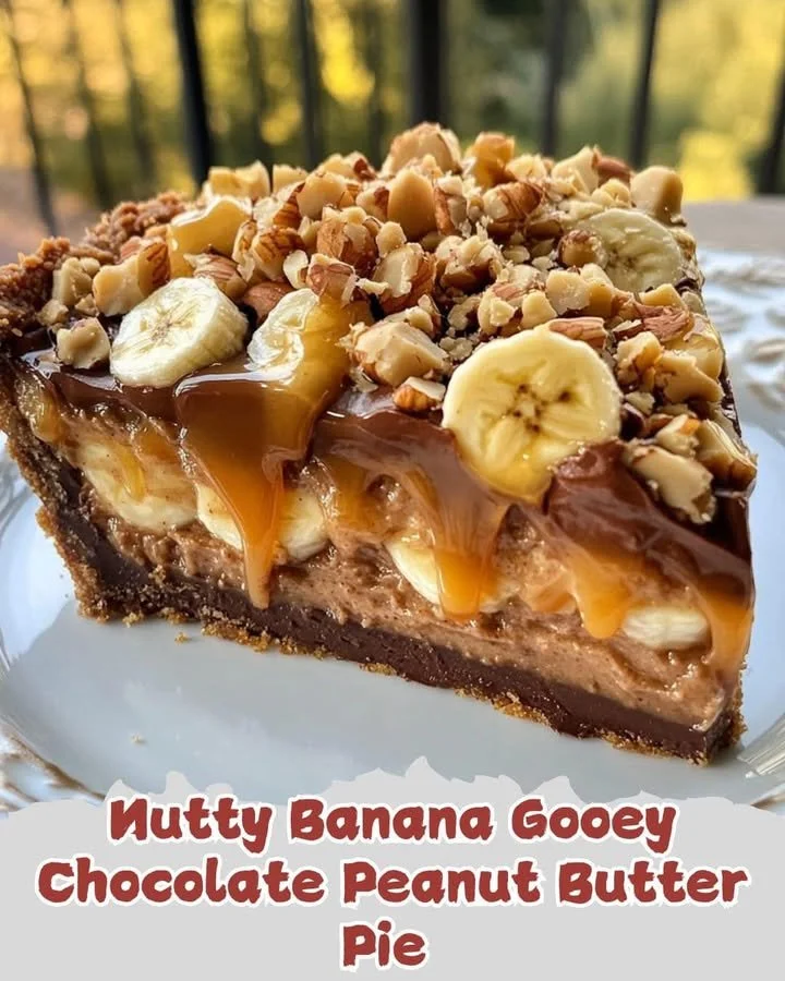 Nutty Banana Gooey Chocolate Peanut Butter Pie topped with banana slices and chocolate drizzle