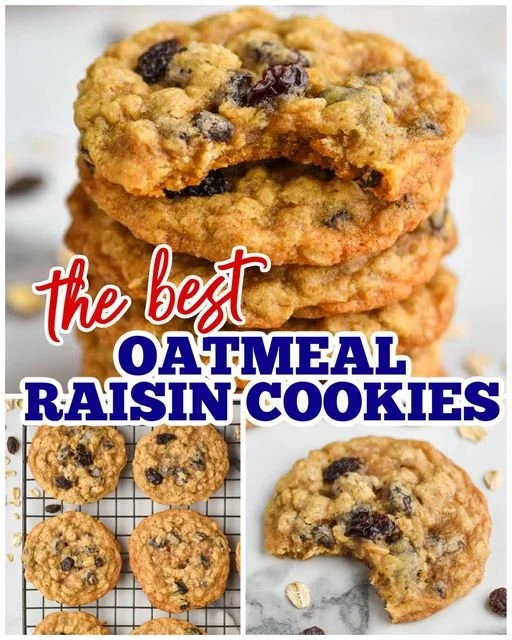 Freshly baked oatmeal raisin cookies on a cooling rack.