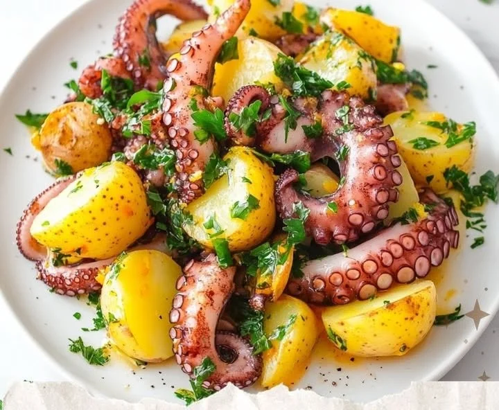Delicious octopus salad with fresh vegetables and dressing served in a bowl