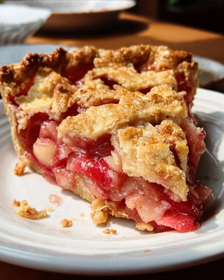 Slice of old-fashioned rhubarb pie with a golden crust and vibrant filling