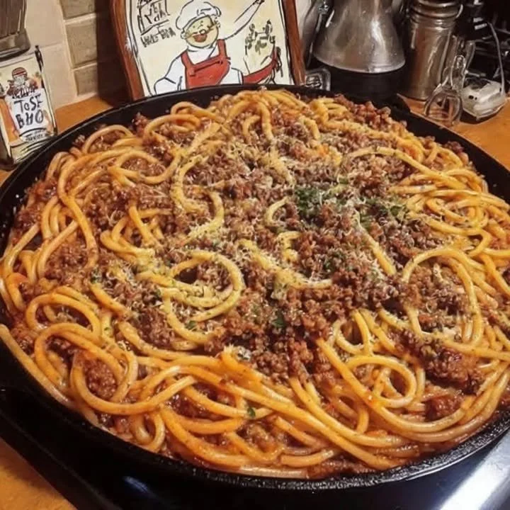 Old-school spaghetti with ground beef served on a plate.