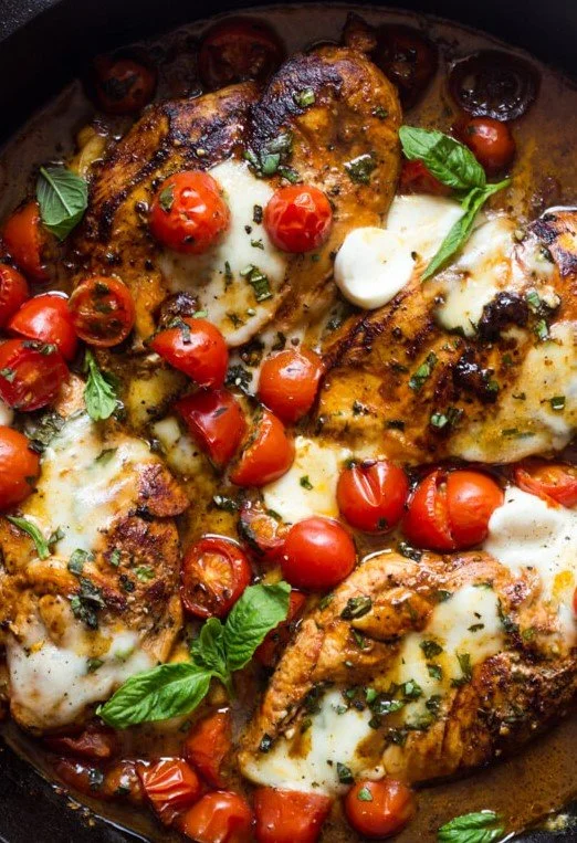 One Pan Balsamic Chicken with vegetables in a skillet