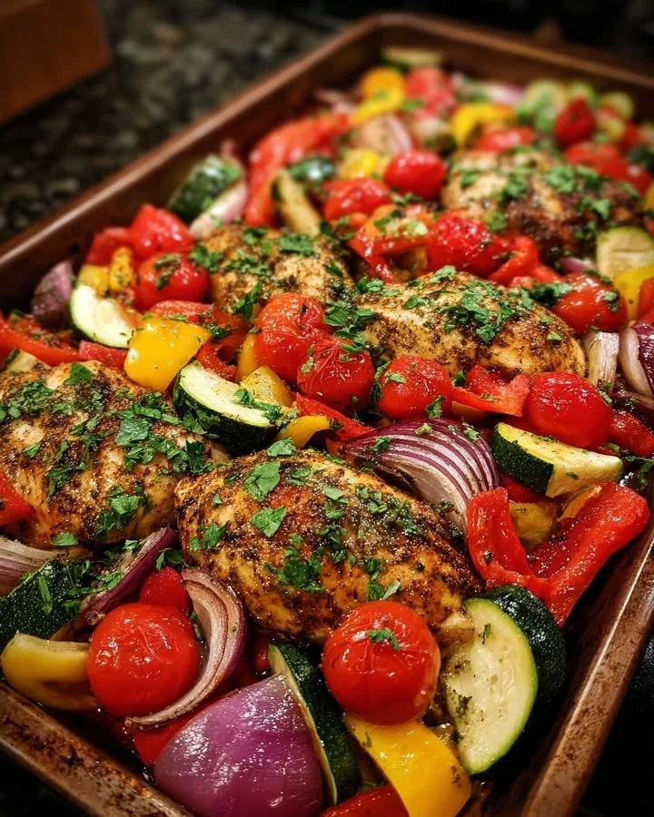 One pan balsamic chicken with colorful vegetables ready to serve