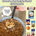 One pan cheeseburger casserole with rice, topped with melted cheese and fresh herbs.