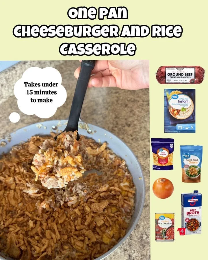 One pan cheeseburger casserole with rice, topped with melted cheese and fresh herbs.