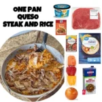 Delicious One Pan Queso Steak served with rice, topped with cheese and spices.