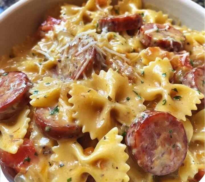 One-pot smoked sausage pasta dish with colorful vegetables.