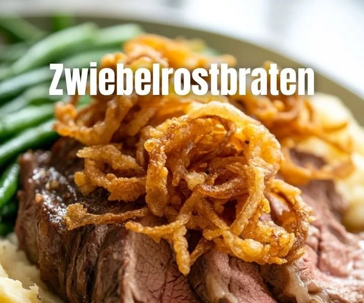 Delicious onion roasted beef dish served with herbs and vegetables.