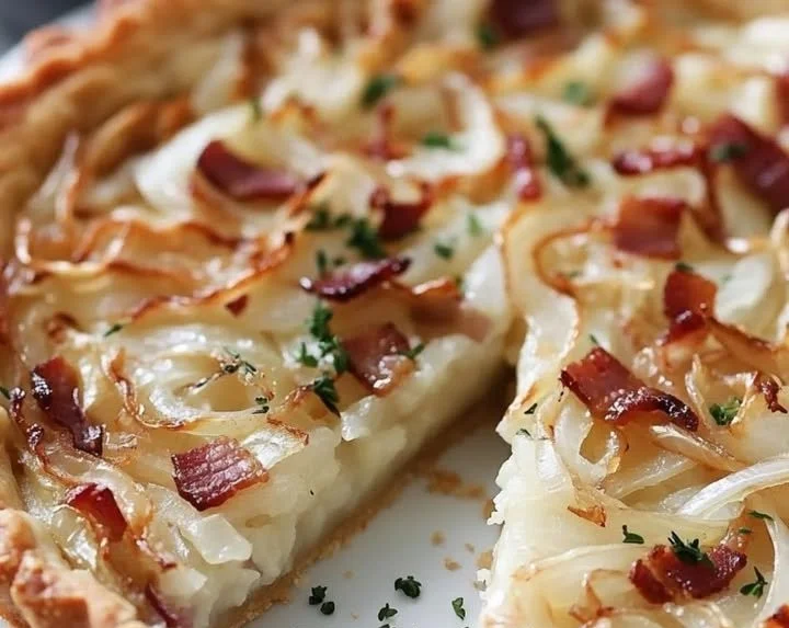 Delicious homemade onion tart with caramelized onions and golden crust
