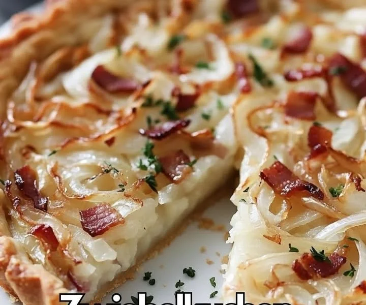 Delicious homemade onion tart with caramelized onions in a flaky pastry crust.
