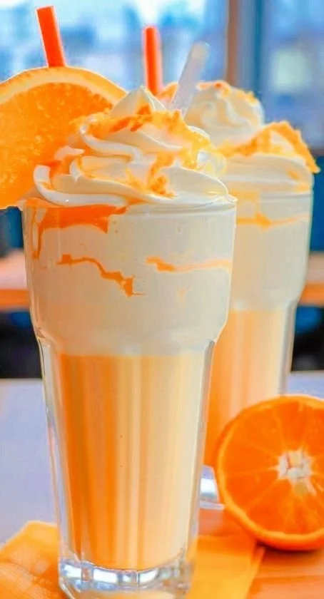 Delicious Orange Creamsicle Milkshake topped with whipped cream and an orange slice