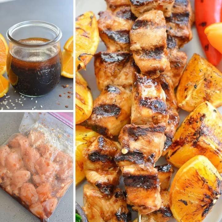 Orange Sesame Chicken Kabobs with vibrant vegetables and sesame seeds