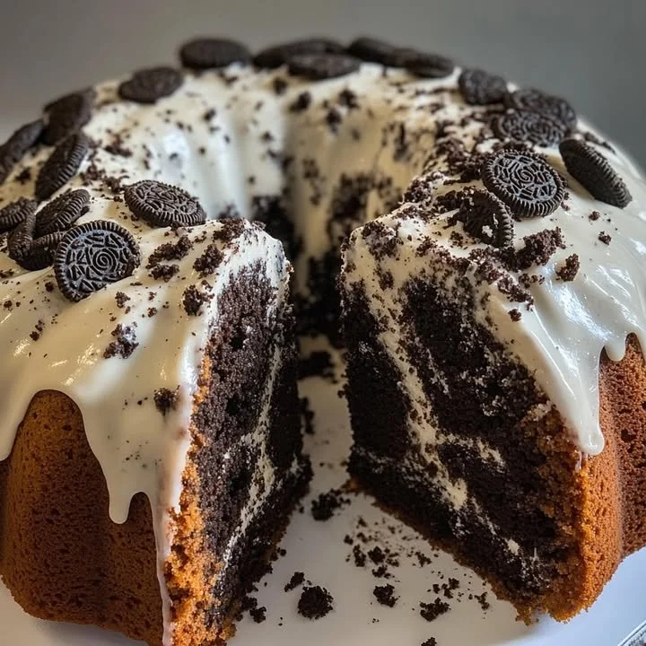 Delicious slice of Oreo Cookie Pound Cake on a plate with cookies on the side.