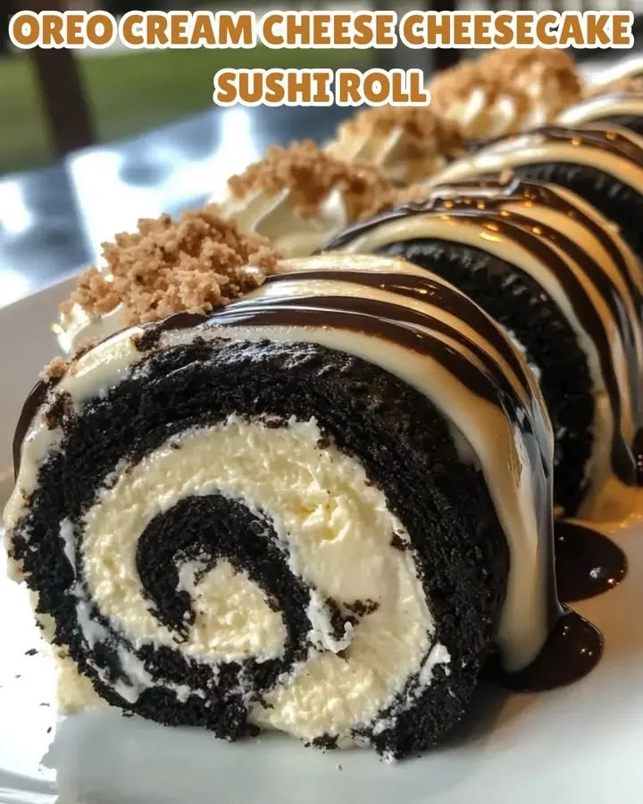 Oreo Cream Cheese Cheesecake Sushi Roll beautifully plated for dessert