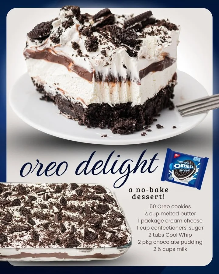 Delicious Oreo Delight dessert layered with cream and crushed Oreos