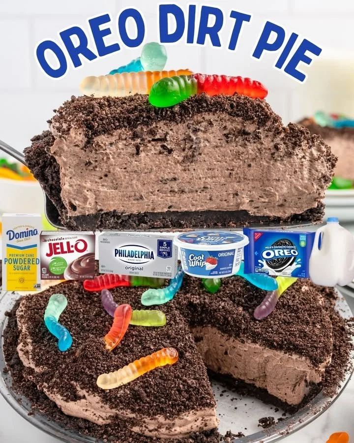 Delicious OREO Dirt Pie served in a dish with chocolate crumbs and creamy layers