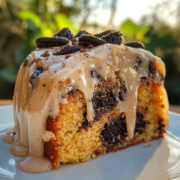 Deliciously layered Oreo Honeybun Cake with chocolate and cream toppings.