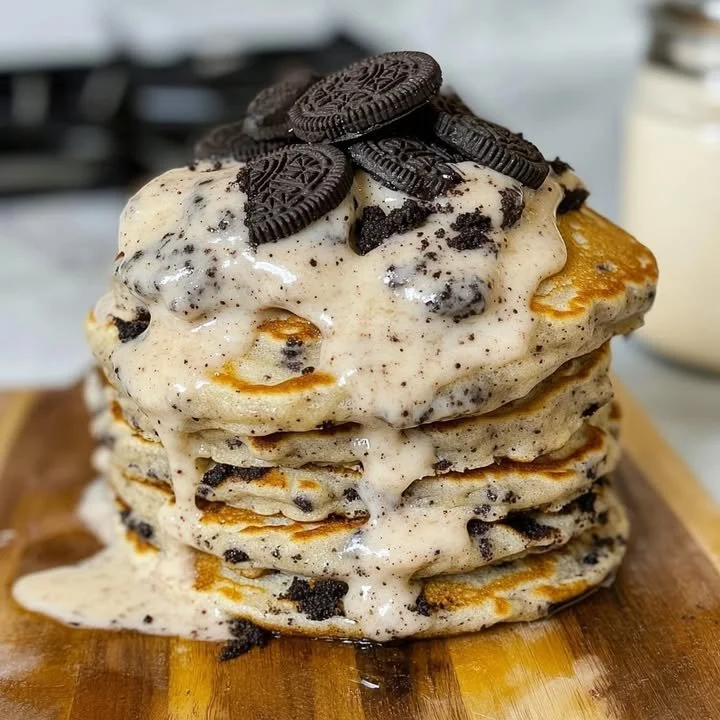 Delicious Oreo Pancakes stacked with whipped cream and Oreo cookies on top