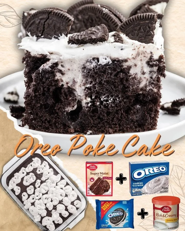 Oreo Poke Cake topped with crushed Oreos and whipped cream
