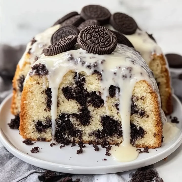 Delicious Oreo Pound Cake topped with crushed Oreo cookies and cream