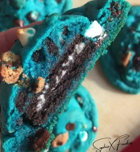 Oreo stuffed cookie monster cookies with colorful sprinkles and chocolate chips