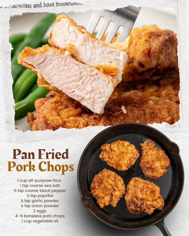 Delicious pan fried pork chops served on a plate with herbs and spices.