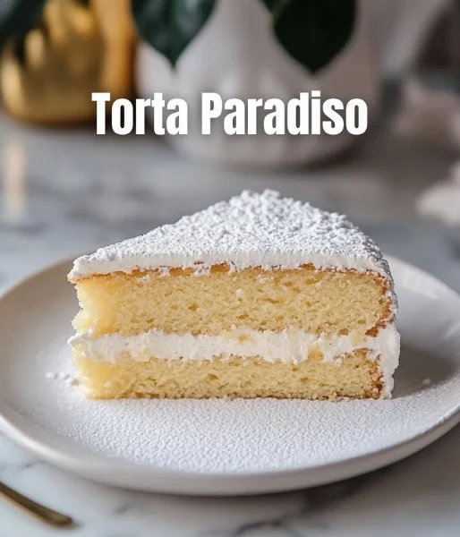 Delicious slice of Paradise Cake decorated with fresh fruits and cream