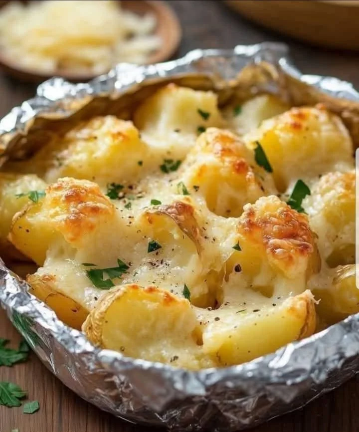 Crispy Parmesan Baked Potatoes garnished with herbs