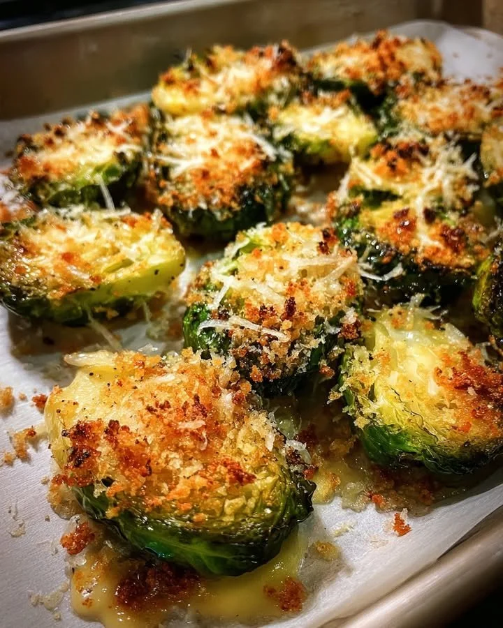 Parmesan crusted Brussels sprouts drizzled with hot honey mustard sauce