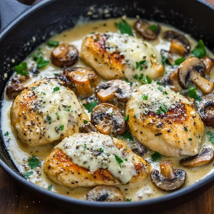 Delicious Parmesan Mushroom Chicken garnished with herbs on a dinner plate.