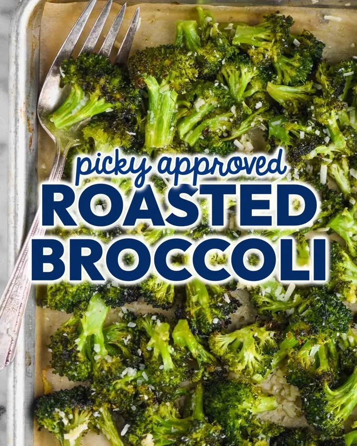 Bowl of Parmesan Roasted Broccoli garnished with Parmesan cheese