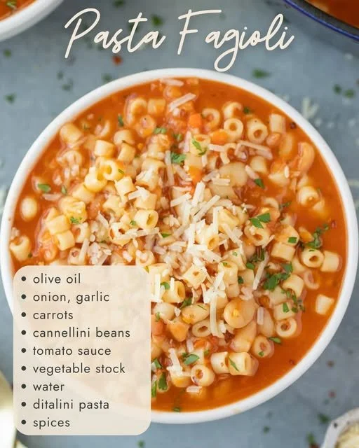 Delicious bowl of Pasta and Bean Soup with fresh herbs and ingredients