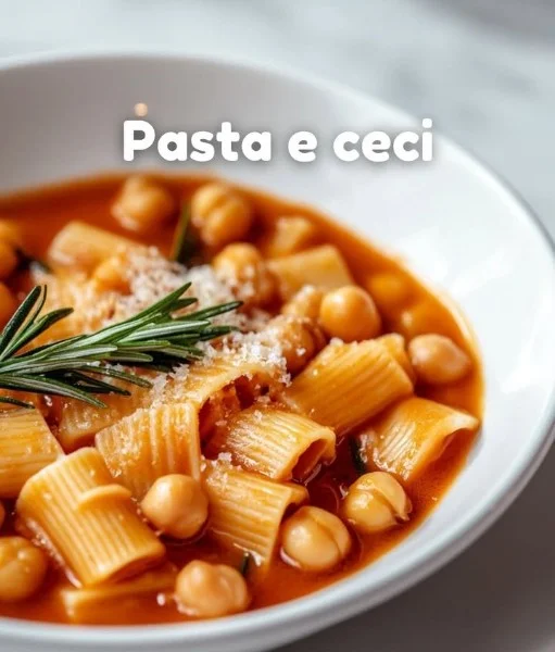 Delicious bowl of pasta and chickpeas garnished with herbs