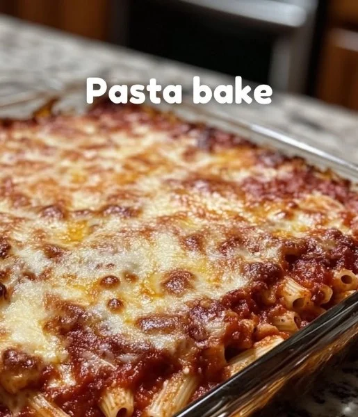 Delicious homemade Pasta Bake topped with melted cheese and fresh herbs.