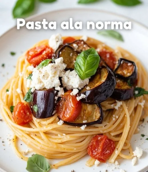 Delicious Pasta Norma with eggplant, tomatoes, and ricotta cheese served in a bowl