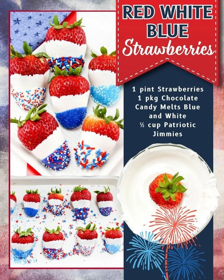 Patriotic chocolate covered strawberries decorated in red, white, and blue