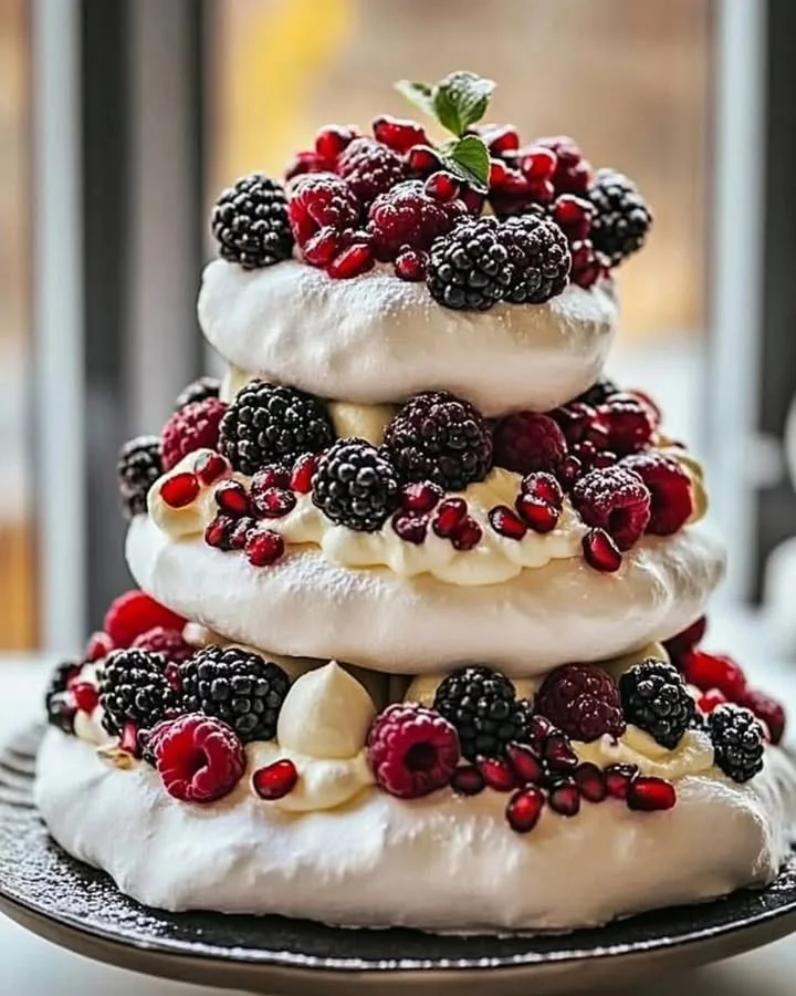 Pavlova Berry Bliss Tower dessert with meringue, fresh berries, and cream